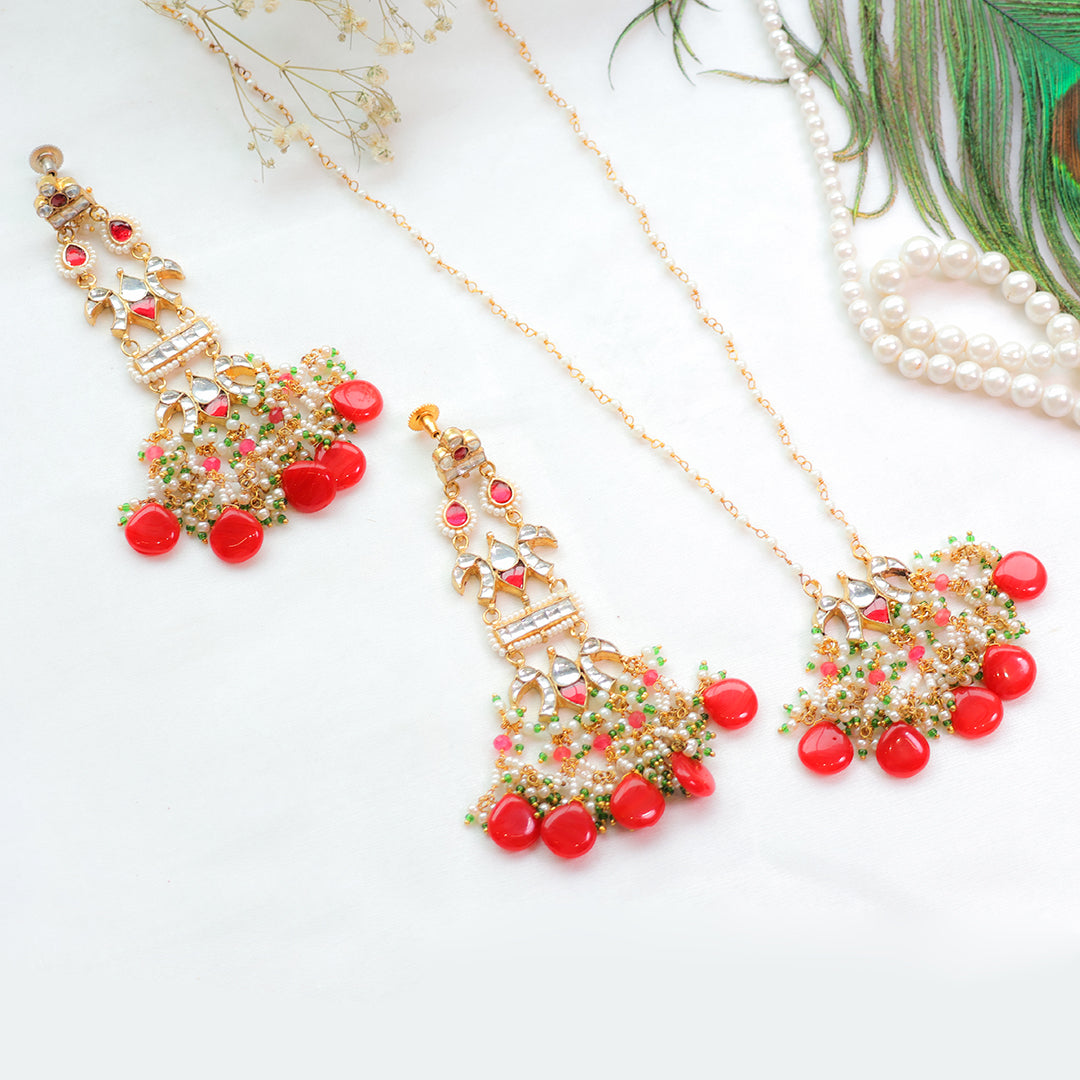Traditional Peacock Red Beaded Kundan Necklace and Earring Set – Festive Ethnic Jewellery
