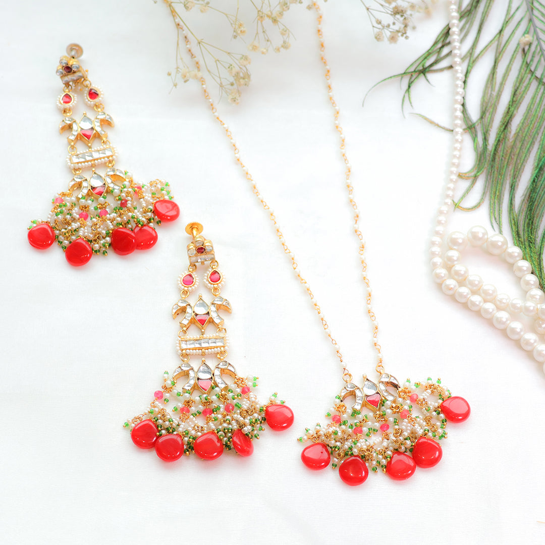 Traditional Peacock Red Beaded Kundan Necklace and Earring Set – Festive Ethnic Jewellery