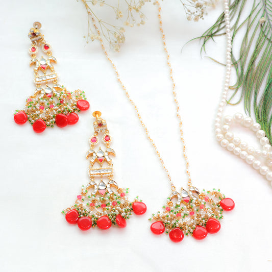 Traditional Peacock Red Beaded Kundan Necklace and Earring Set β Festive Ethnic Jewellery