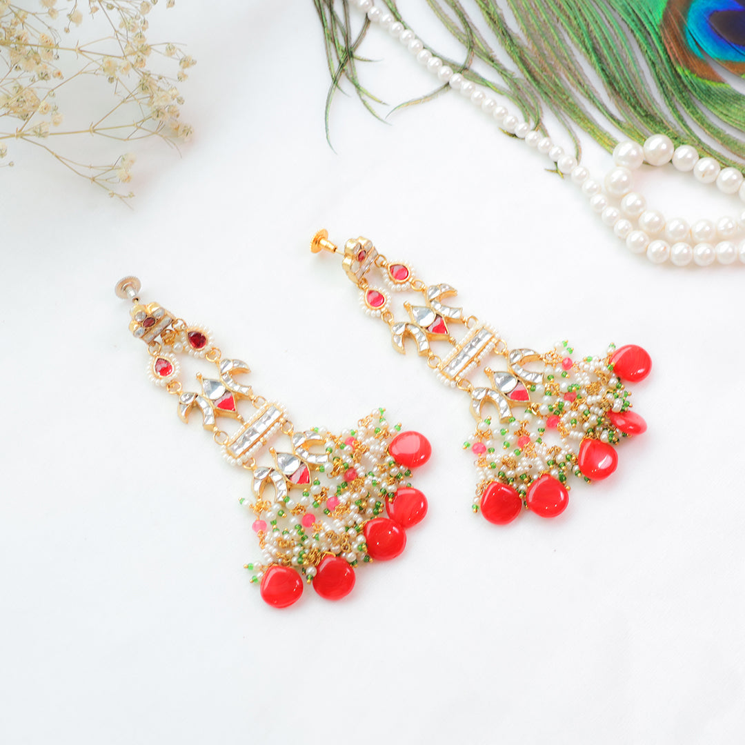 Traditional Peacock Red Beaded Kundan Necklace and Earring Set – Festive Ethnic Jewellery