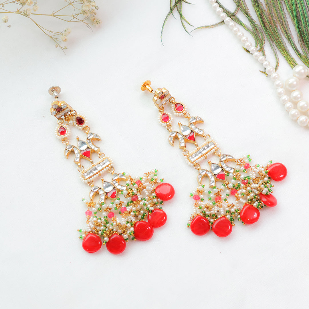 Traditional Peacock Red Beaded Kundan Necklace and Earring Set – Festive Ethnic Jewellery
