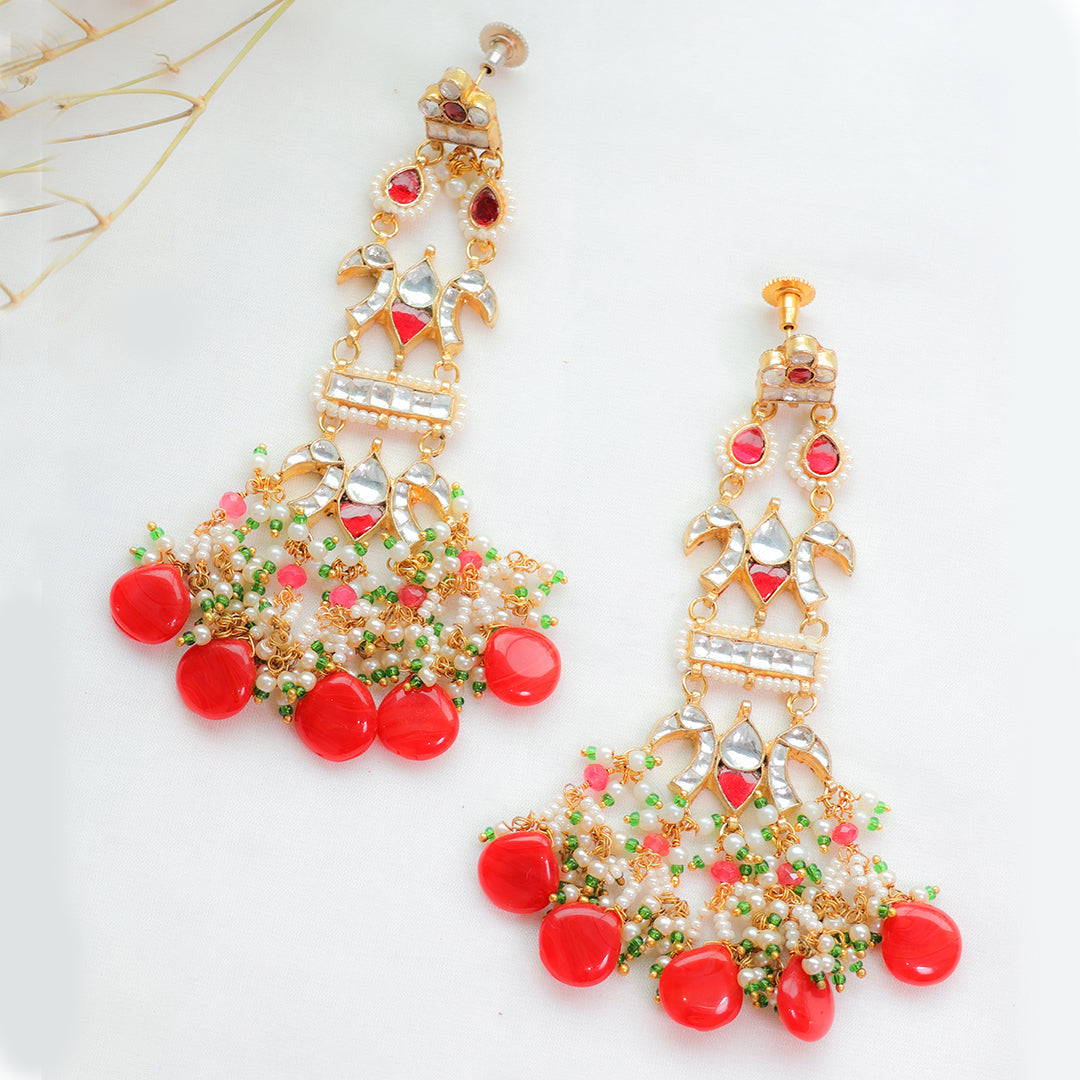 Traditional Peacock Red Beaded Kundan Necklace and Earring Set – Festive Ethnic Jewellery