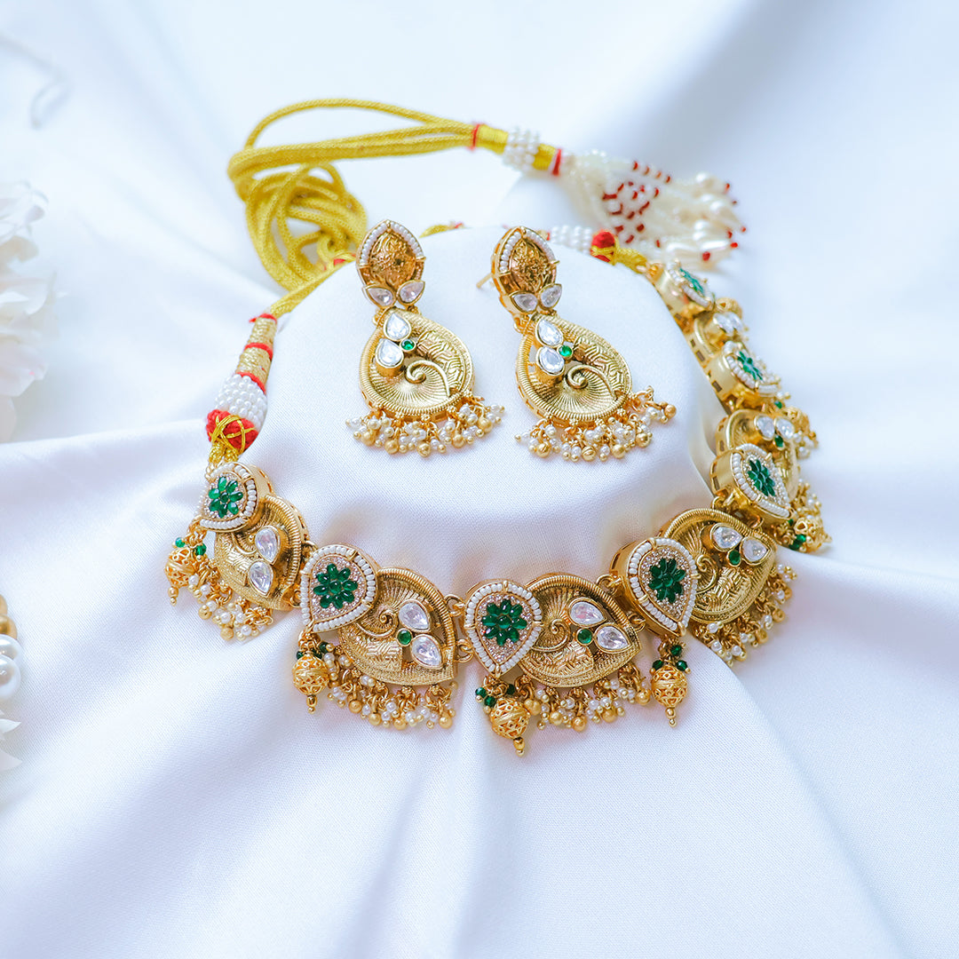 Emerald Green and Gold Kundan Rajwadi Choker Necklace Set with Earrings