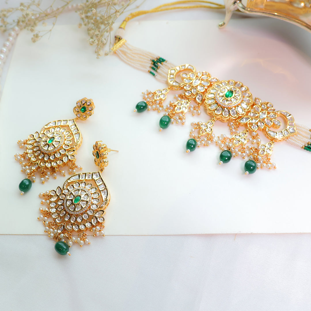 Kundan Pearl Choker Necklace with Green Drop Beads – Traditional Bridal Jewellery