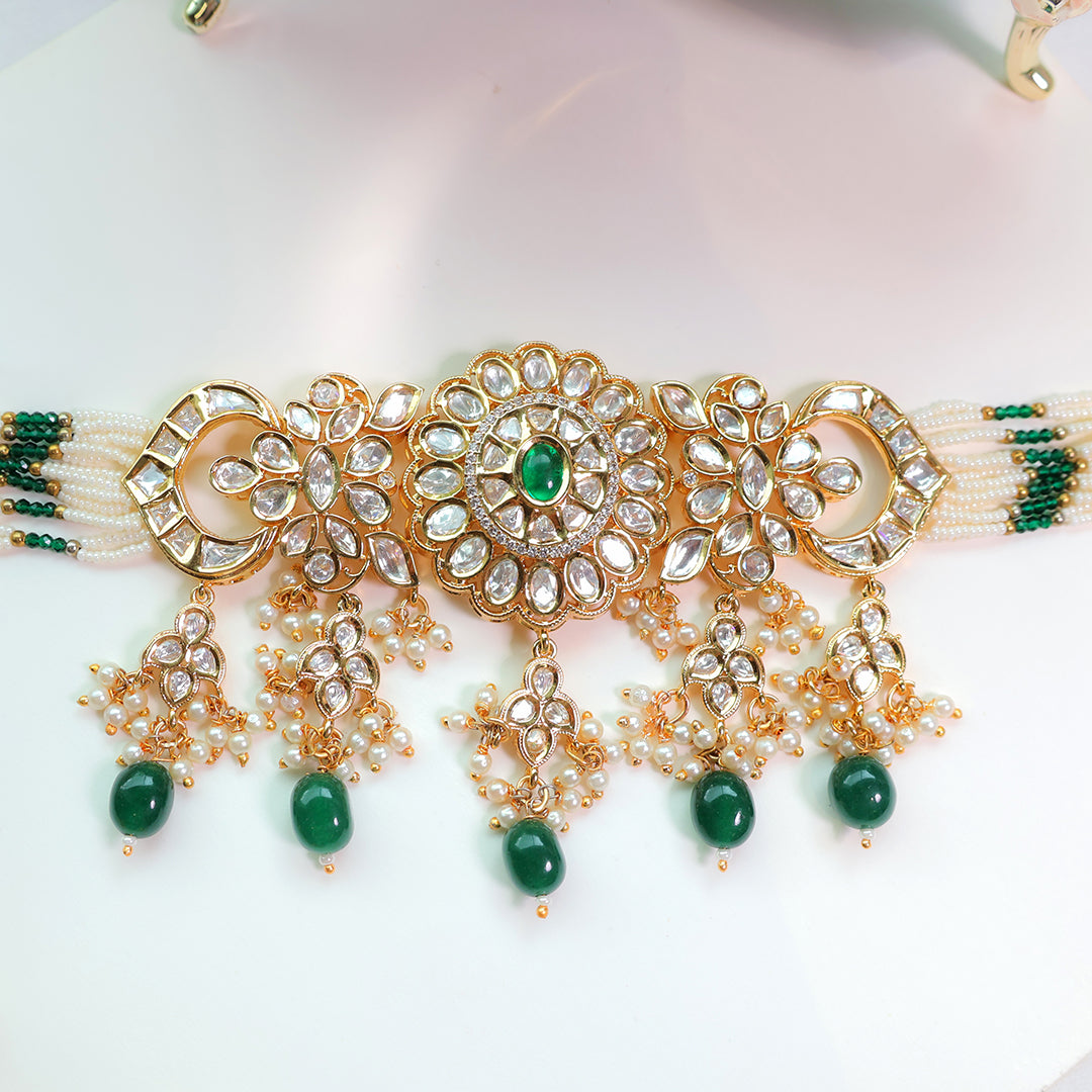 Kundan Pearl Choker Necklace with Green Drop Beads – Traditional Bridal Jewellery