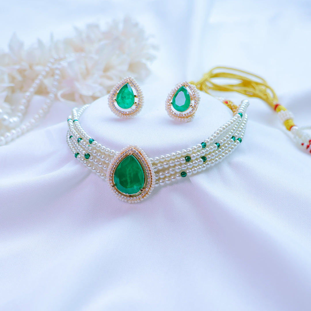 Doublet Stone Pearl Necklace Set with Earrings