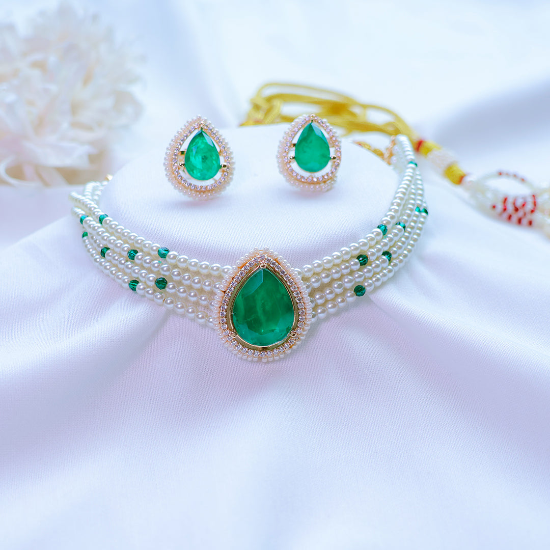 Doublet Stone Pearl Necklace Set with Earrings