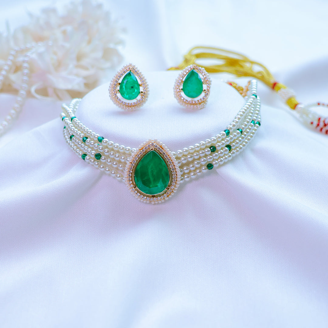 Doublet Stone Pearl Necklace Set with Earrings