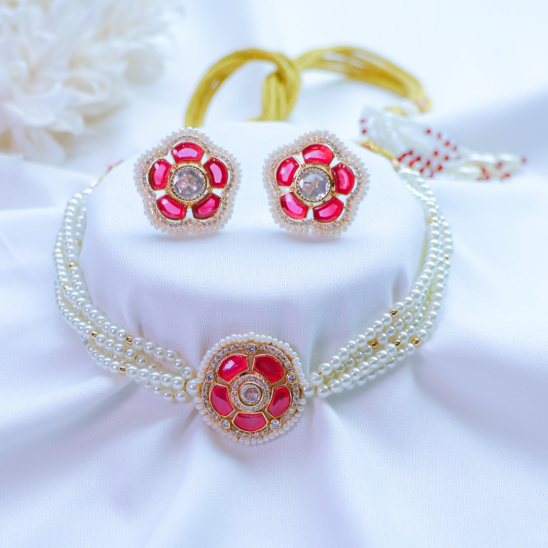 Floral Ruby Pearl Choker Necklace Set