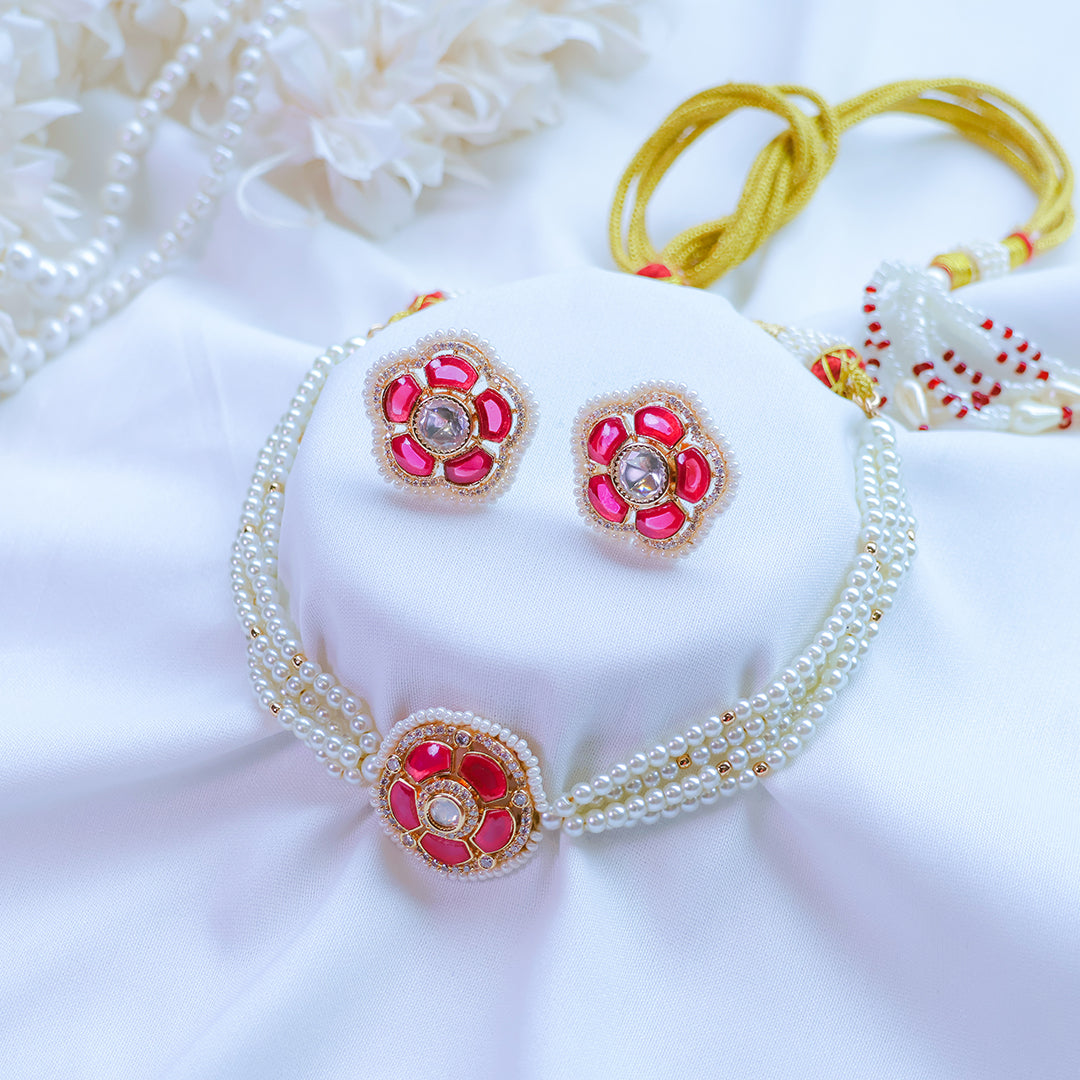 Floral Ruby Pearl Choker Necklace Set