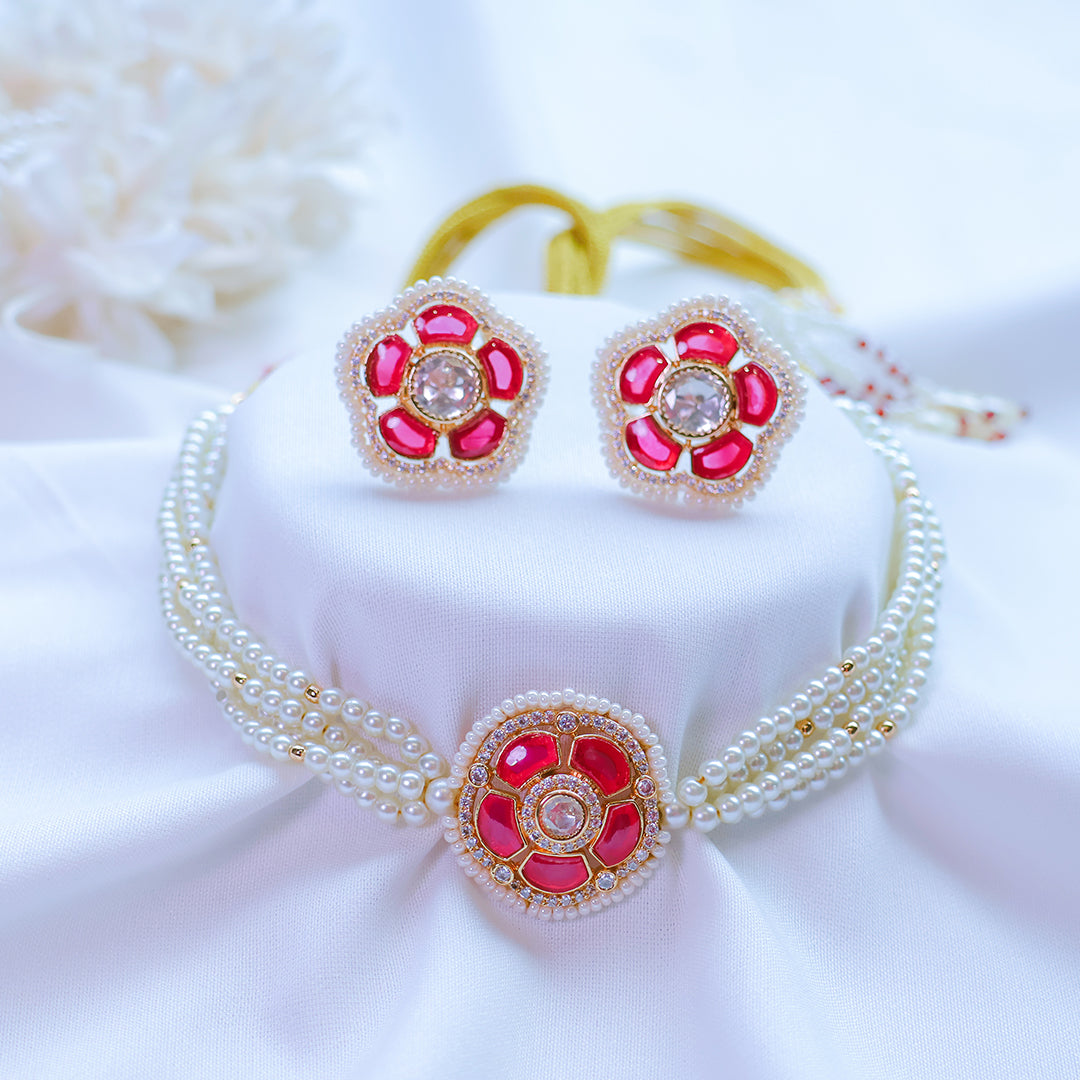 Floral Ruby Pearl Choker Necklace Set