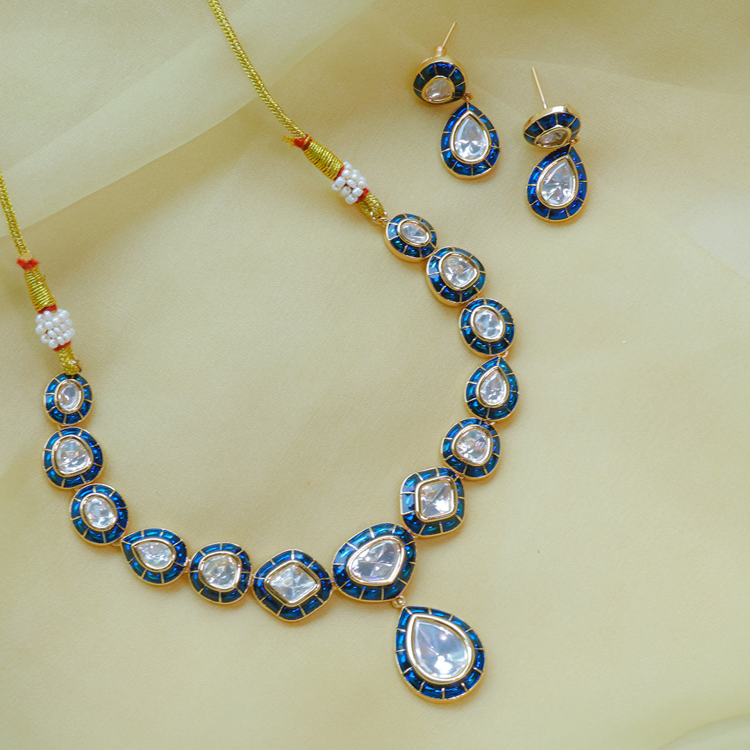 Elegant Blue Kundan Necklace Set with Earrings