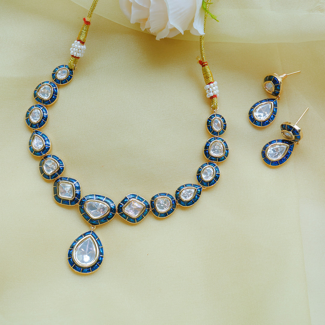 Elegant Blue Kundan Necklace Set with Earrings