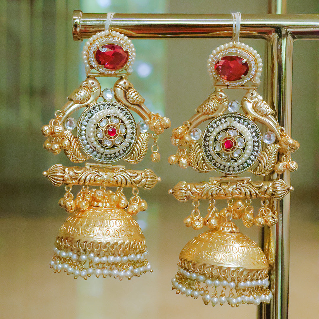 Handmade Regal Gold Plated Parrot Jhumka Earrings