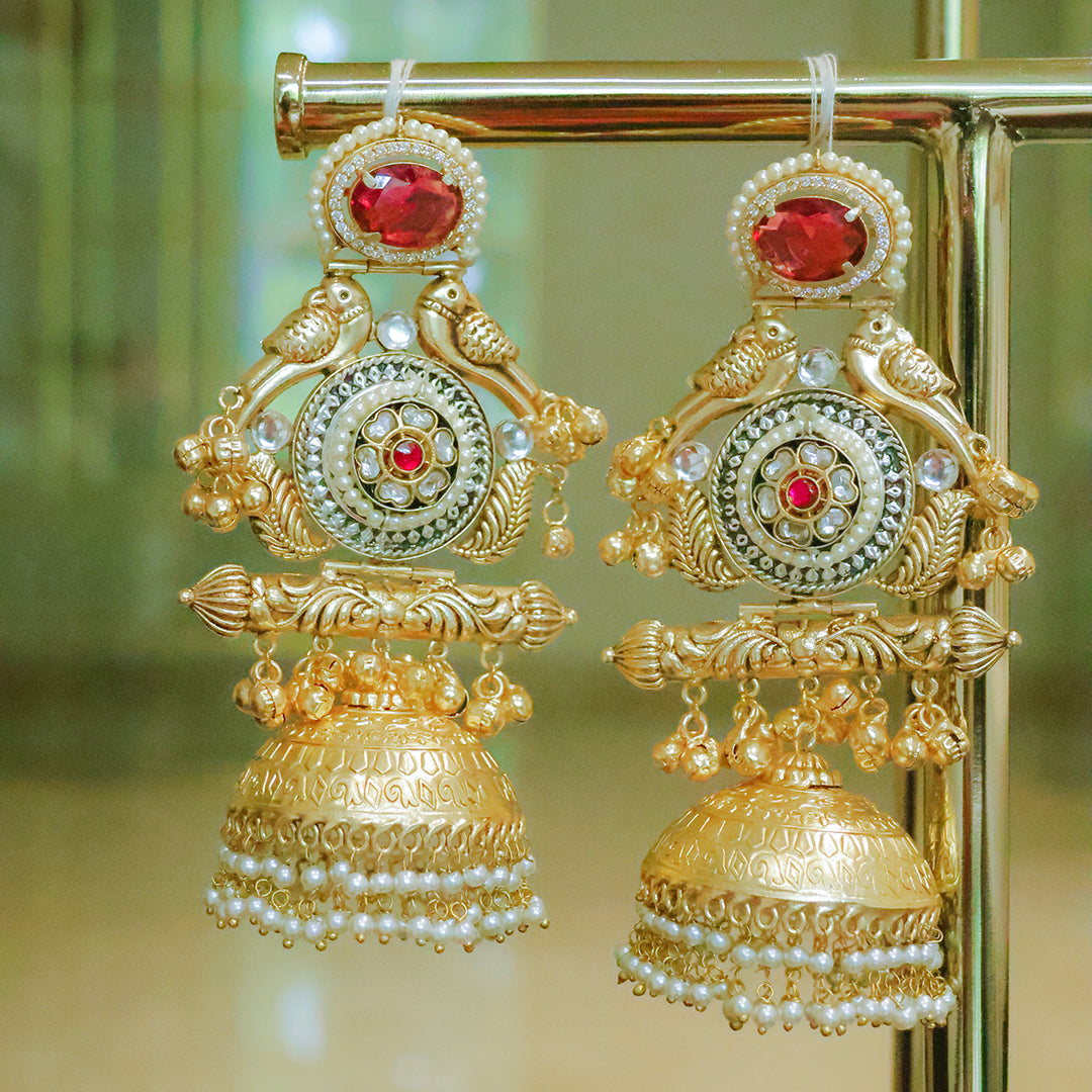 Handmade Regal Gold Plated Parrot Jhumka Earrings