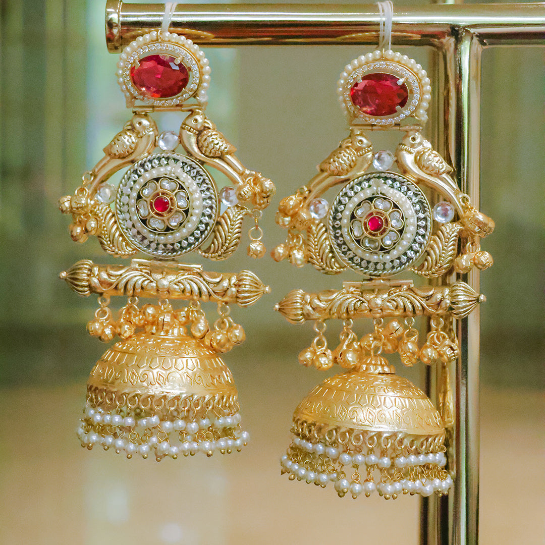 Handmade Regal Gold Plated Parrot Jhumka Earrings