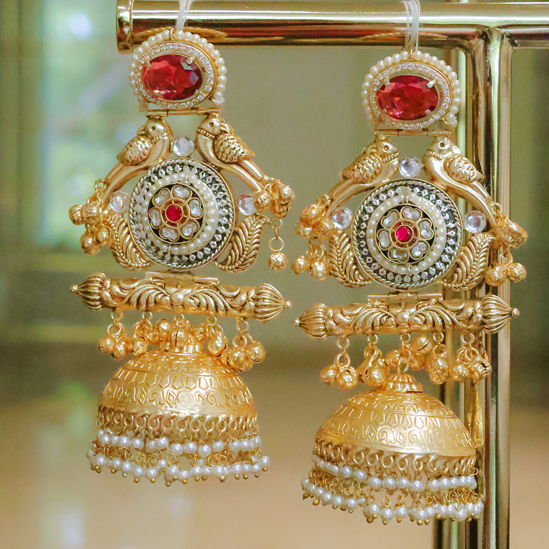 Handmade Regal Gold Plated Parrot Jhumka Earrings