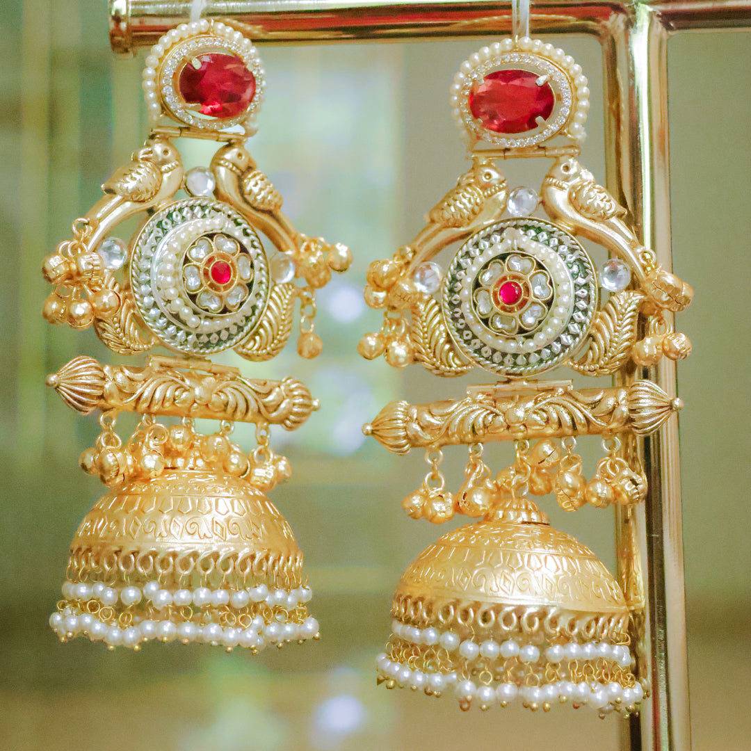 Handmade Regal Gold Plated Parrot Jhumka Earrings