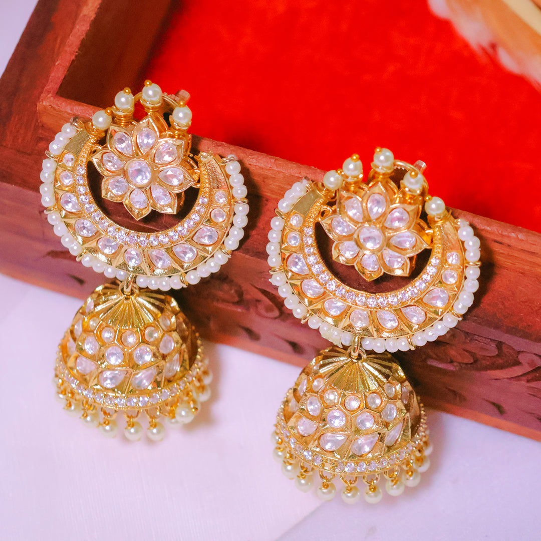 Exquisite Gold-Toned Kundan & Pearl Jhumka Earrings