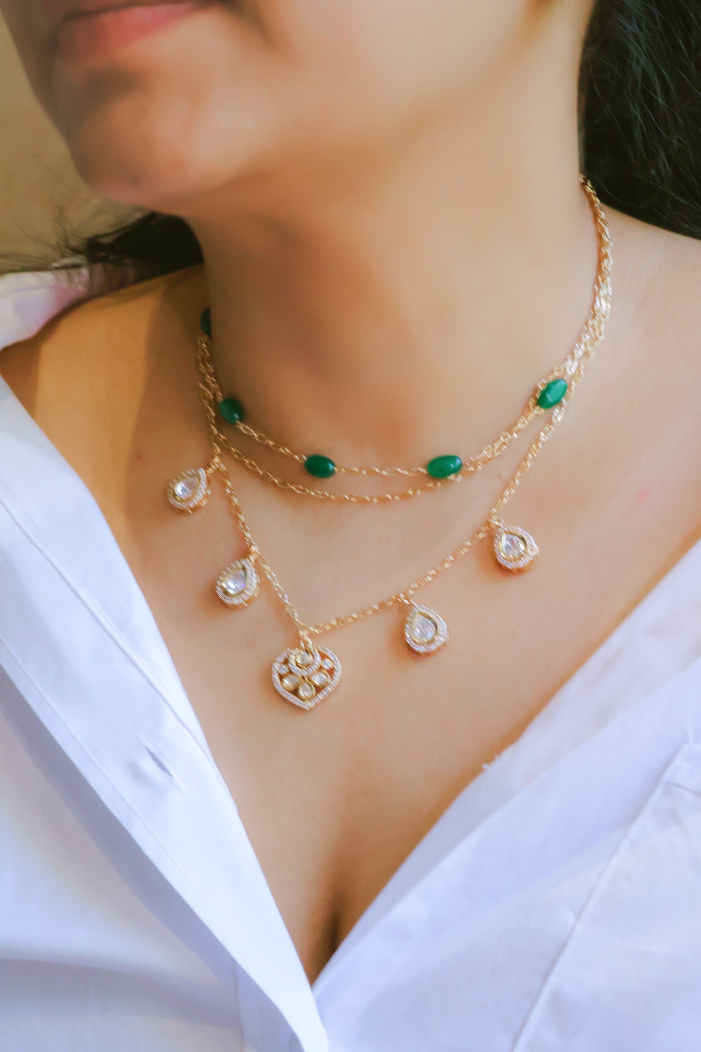 Mossainite Layered Necklace Set with Matching Earrings