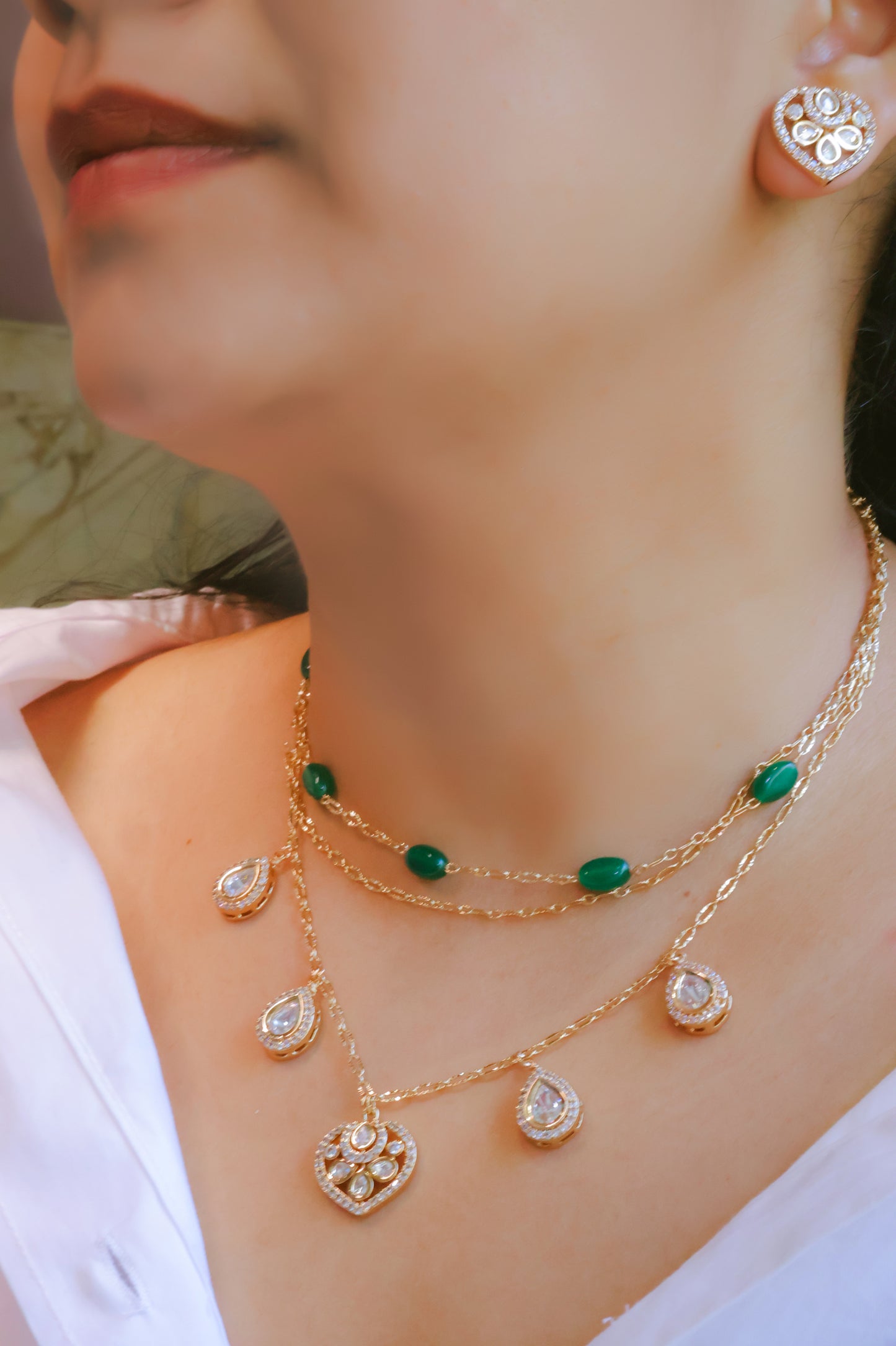 Mossainite Layered Necklace Set with Matching Earrings