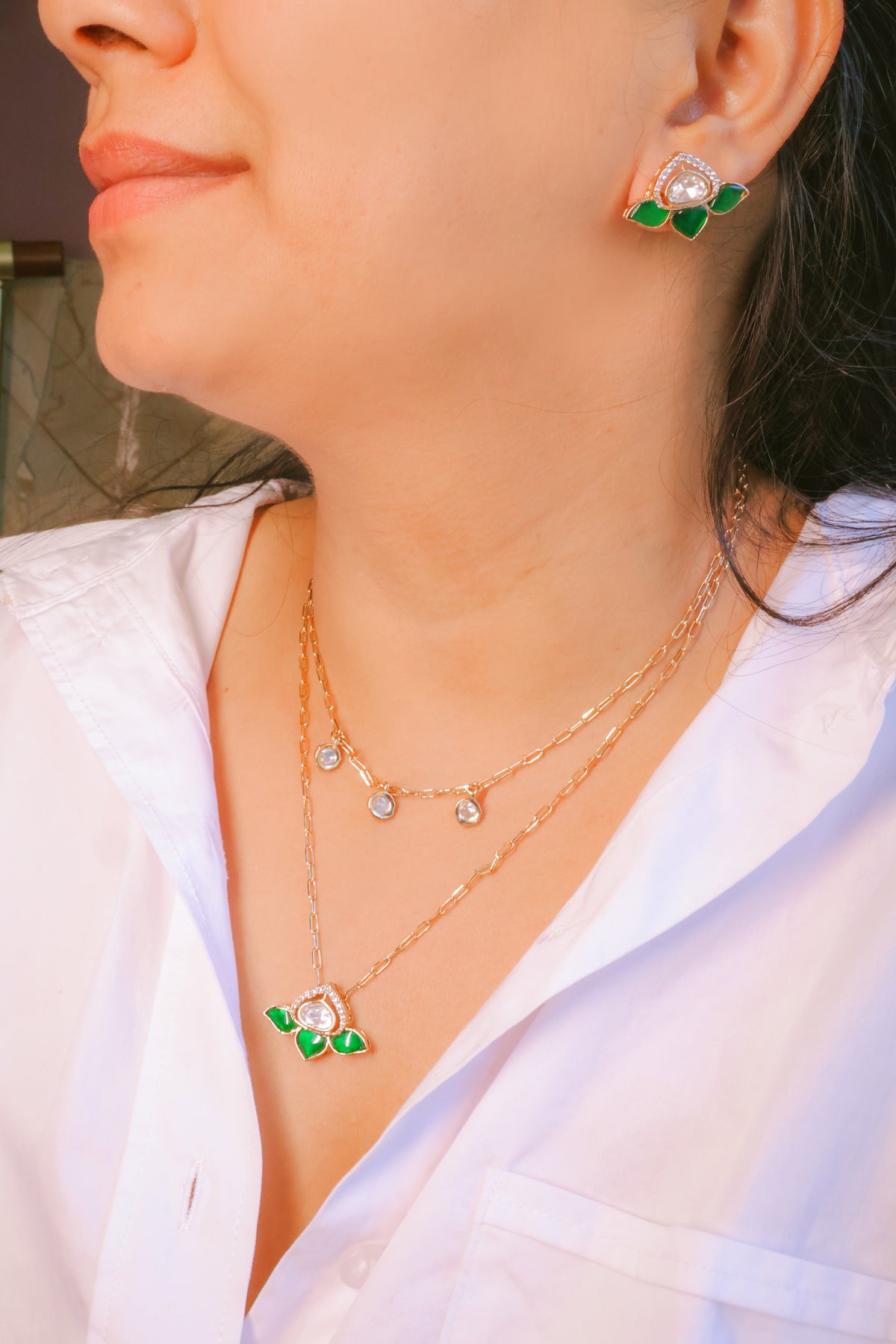 Lotus Motif Double Layer Mossainite Pendant Necklace Set