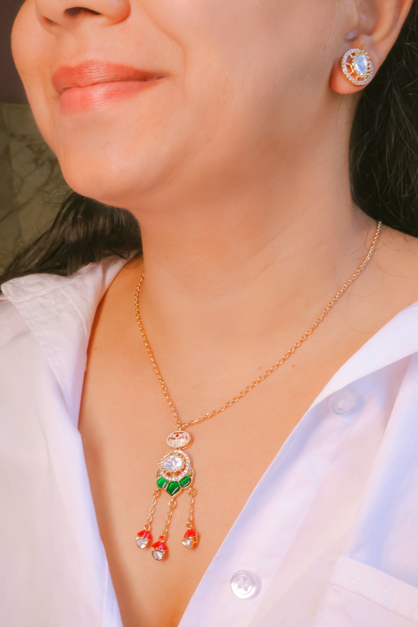 Mossainite Tassel Pendant Necklace Set