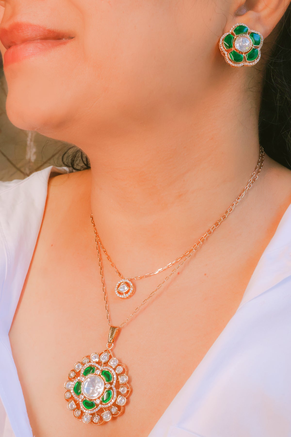 Emerald Mossainite Floral Double Layer Necklace & Earring Set