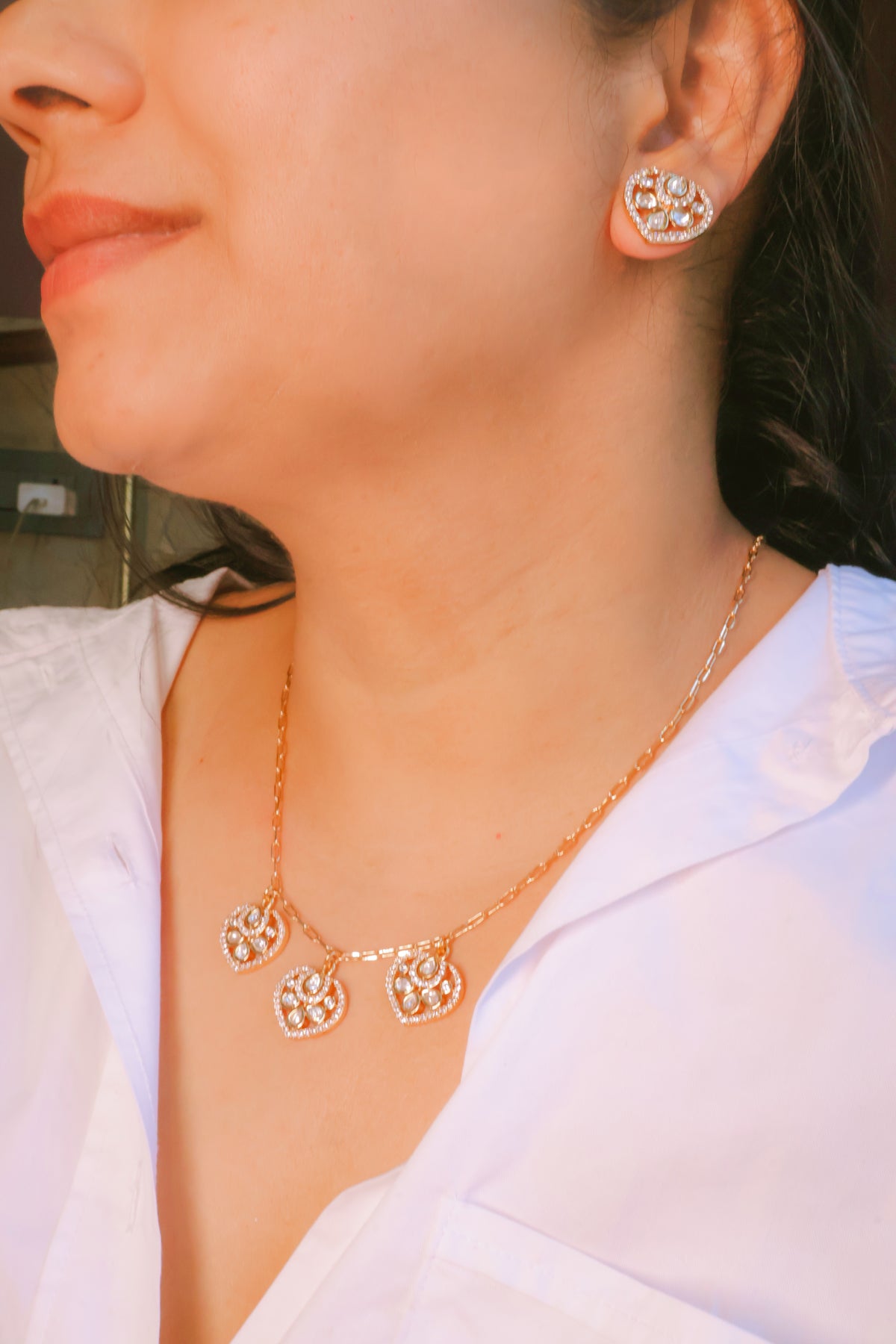Dainty Heart Cluster Mossainite Necklace & Stud Earring Set |Rose Gold Plated