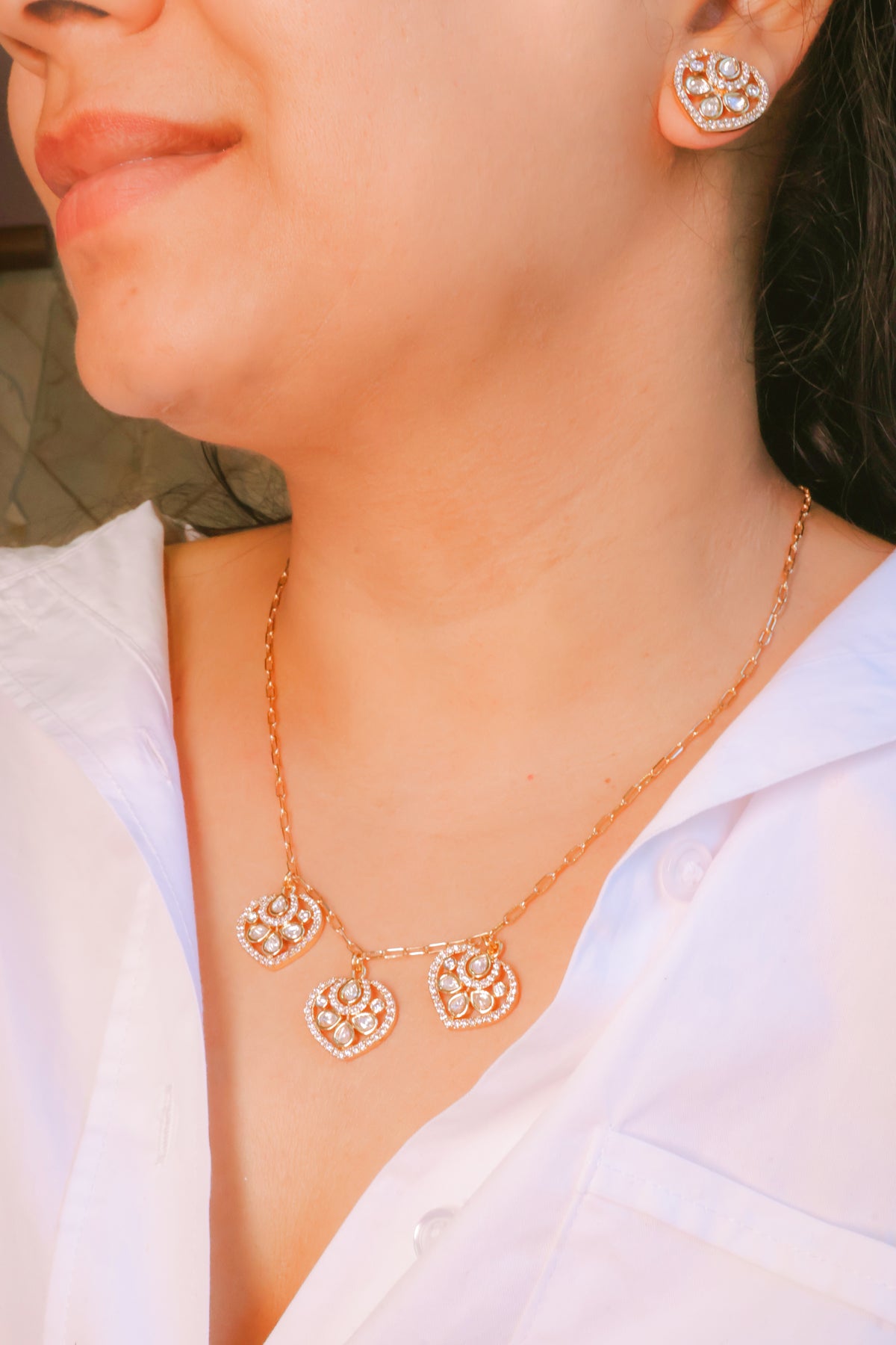 Dainty Heart Cluster Mossainite Necklace & Stud Earring Set |Rose Gold Plated