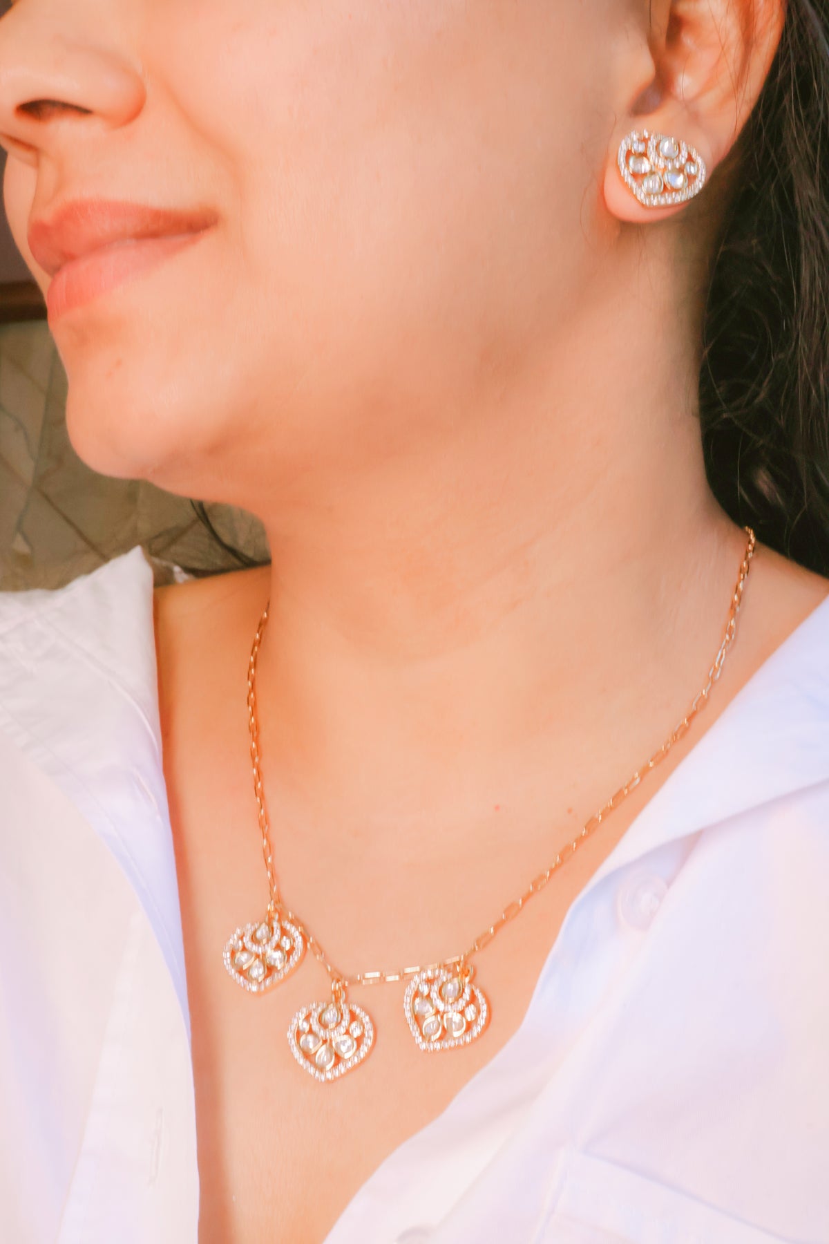 Dainty Heart Cluster Mossainite Necklace & Stud Earring Set |Rose Gold Plated