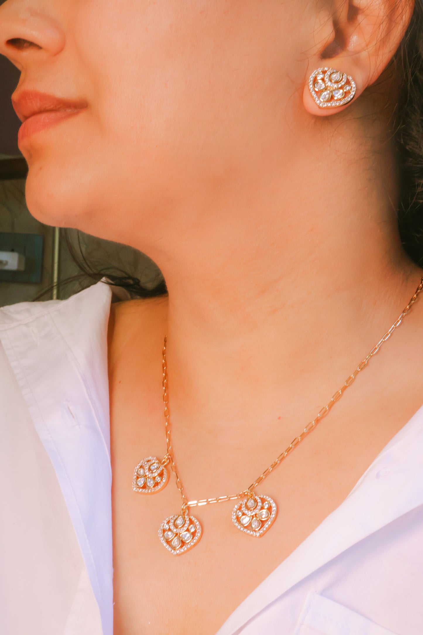 Dainty Heart Cluster Mossainite Necklace & Stud Earring Set |Rose Gold Plated