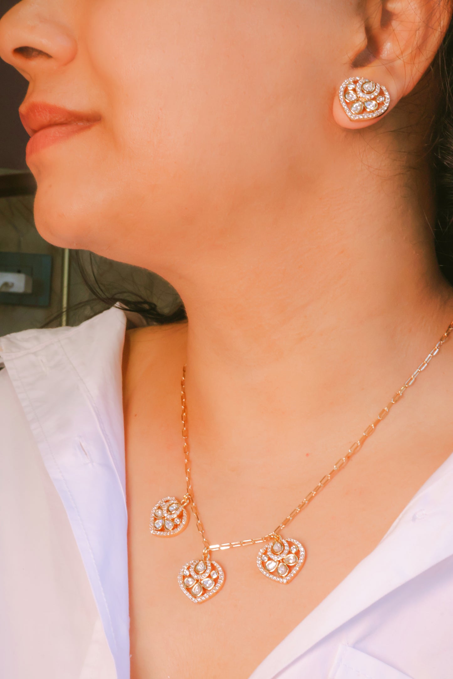 Dainty Heart Cluster Mossainite Necklace & Stud Earring Set |Rose Gold Plated