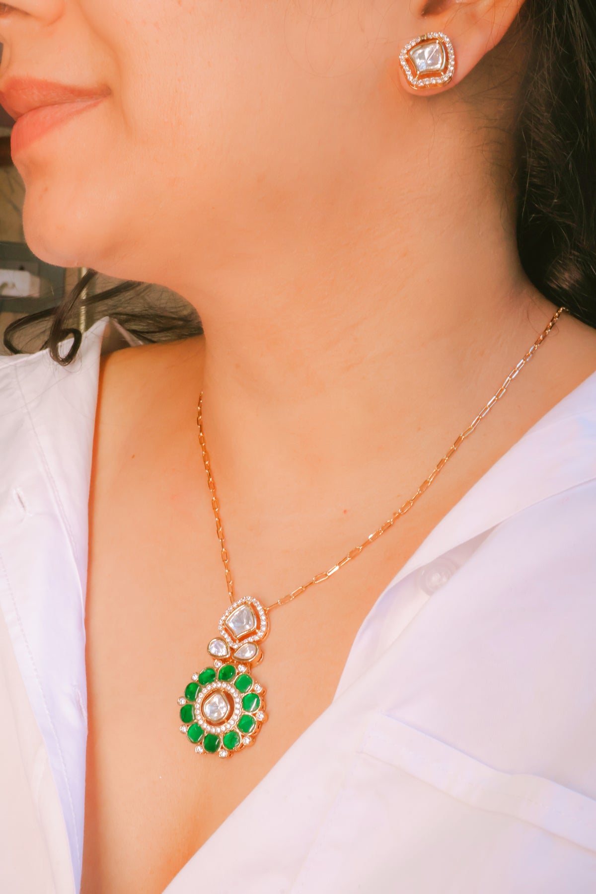 Emerald Green &Mossainite Diamond Style Necklace & Earring Set | Rose Gold Plated