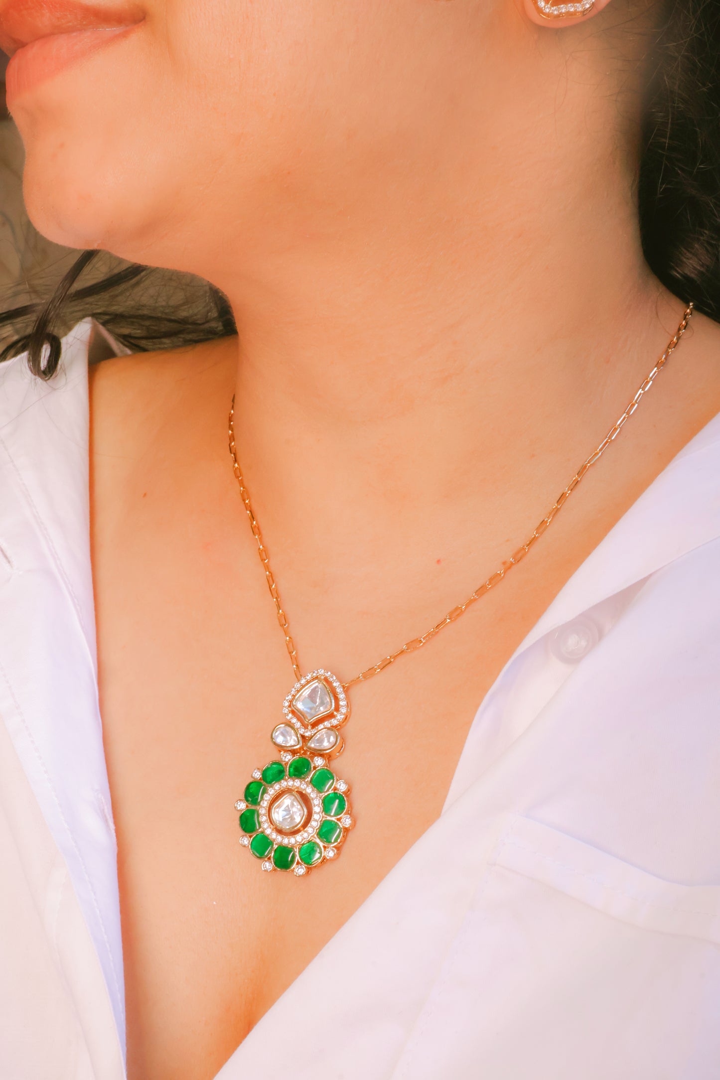 Emerald Green &Mossainite Diamond Style Necklace & Earring Set | Rose Gold Plated