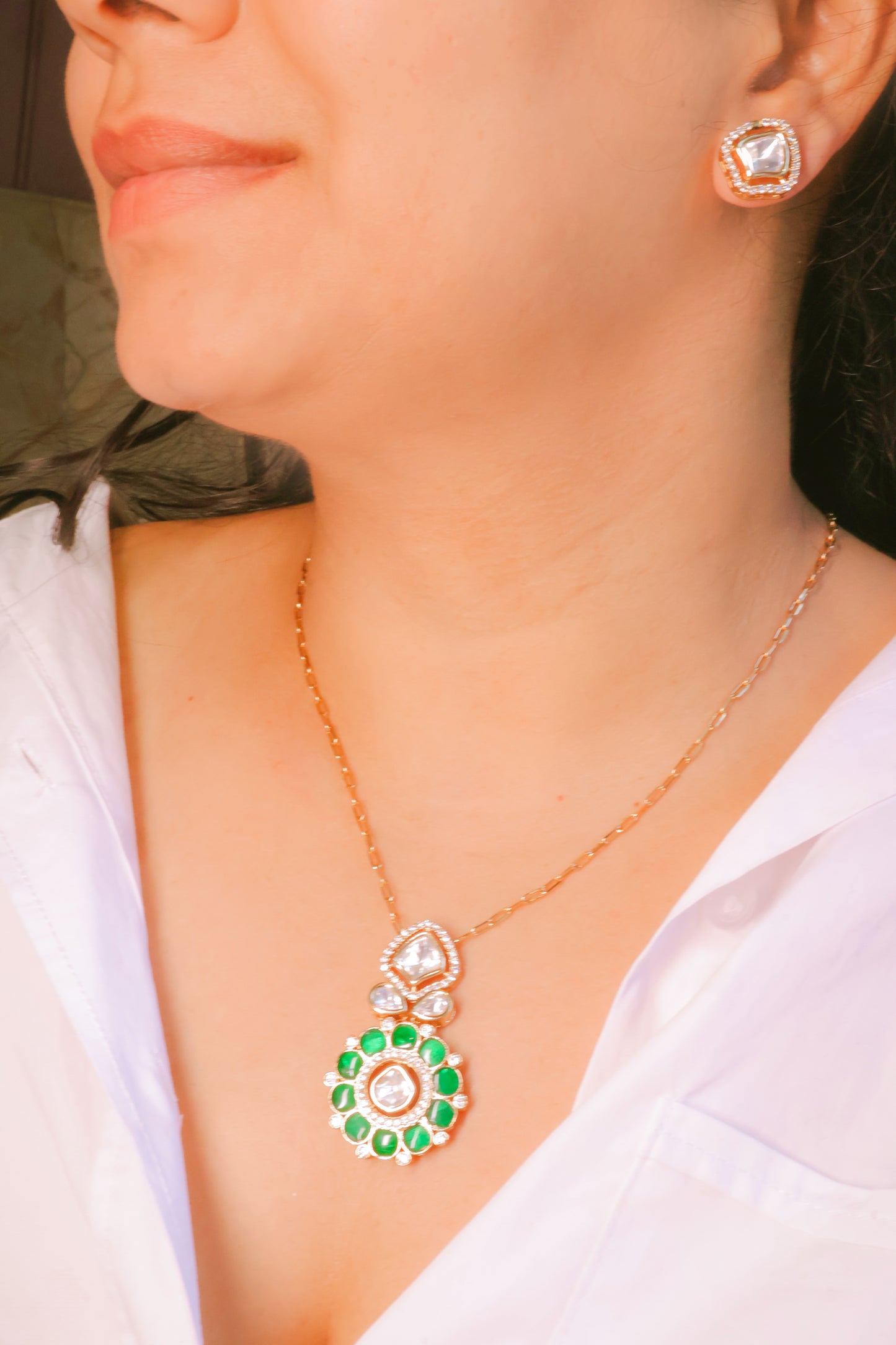 Emerald Green &Mossainite Diamond Style Necklace & Earring Set | Rose Gold Plated