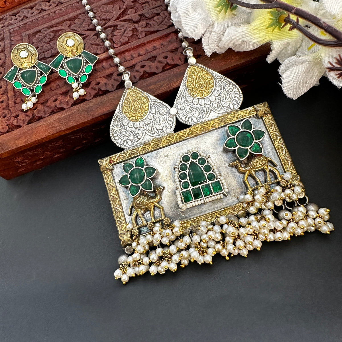 Tribal Dual Tone Long Oxidised Camel Necklace