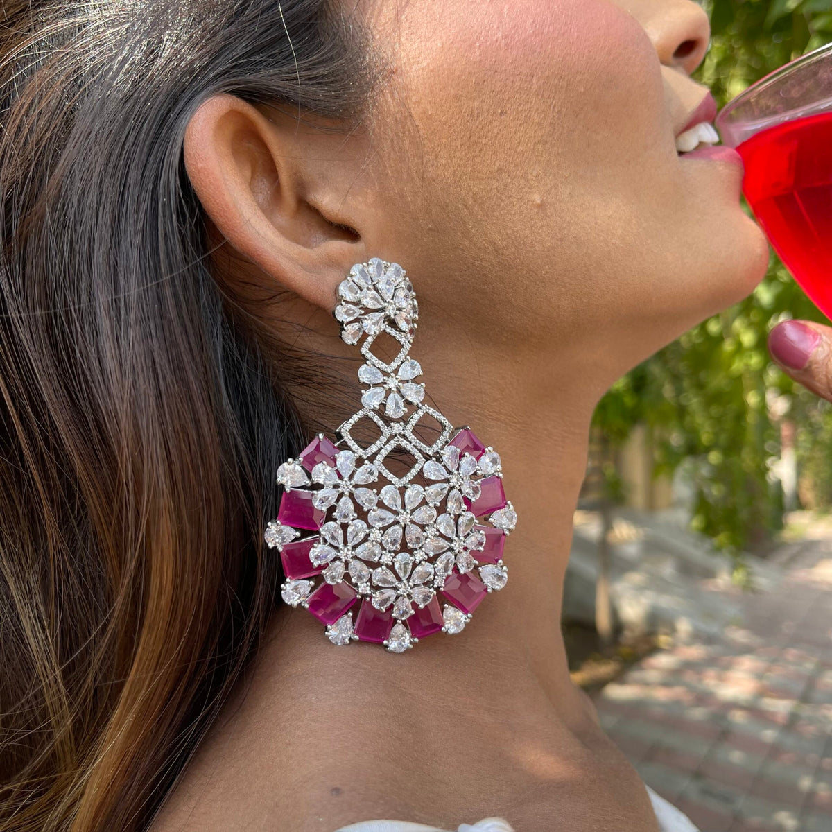 American Diamond Danglers In Ruby Stone