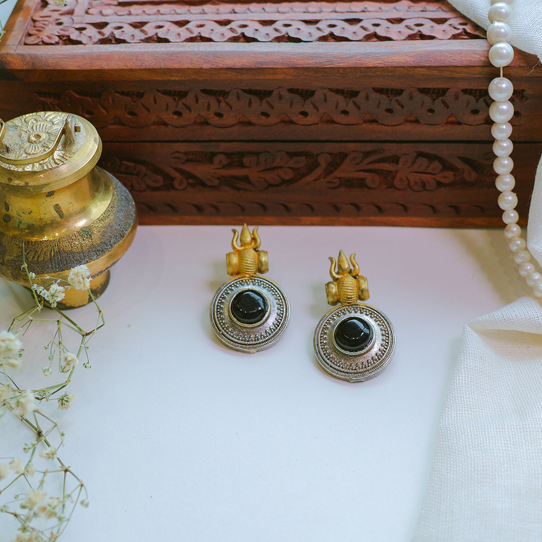 Handcrafted Temple-Inspired Black Stone Silver-Gold Plated Earrings