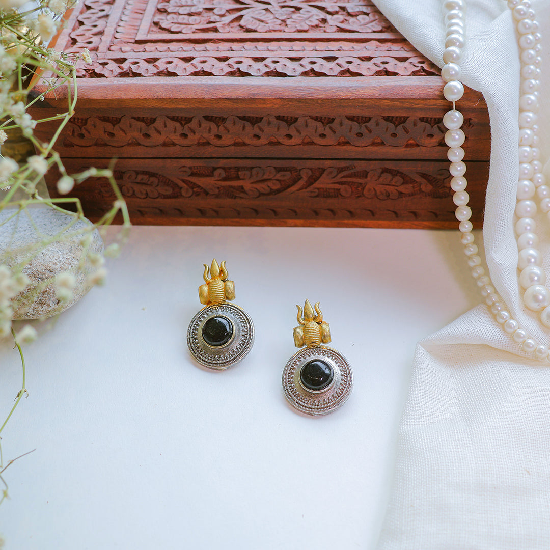 Handcrafted Temple-Inspired Black Stone Silver-Gold Plated Earrings