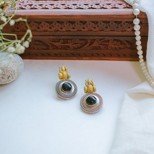 Handcrafted Temple-Inspired Black Stone Silver-Gold Plated Earrings