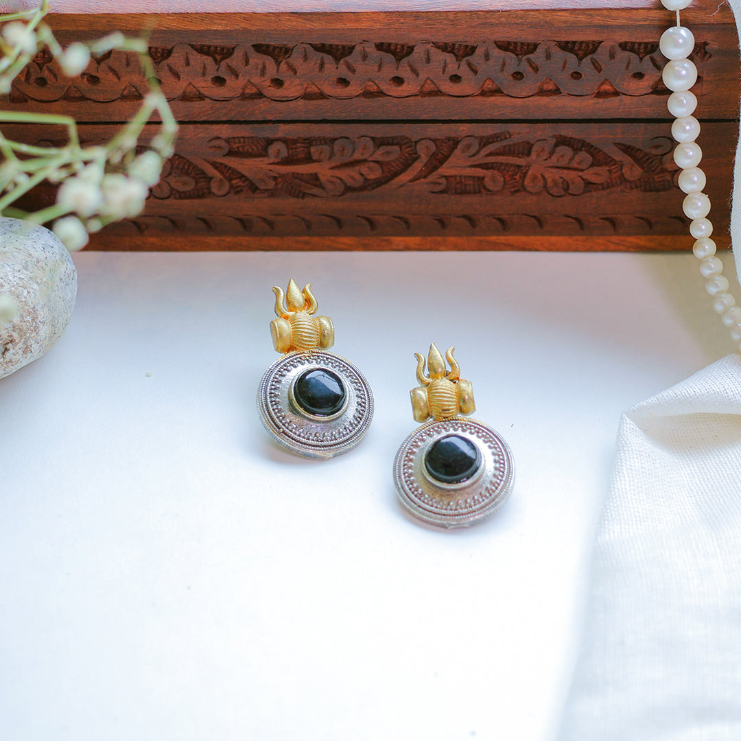 Handcrafted Temple-Inspired Black Stone Silver-Gold Plated Earrings