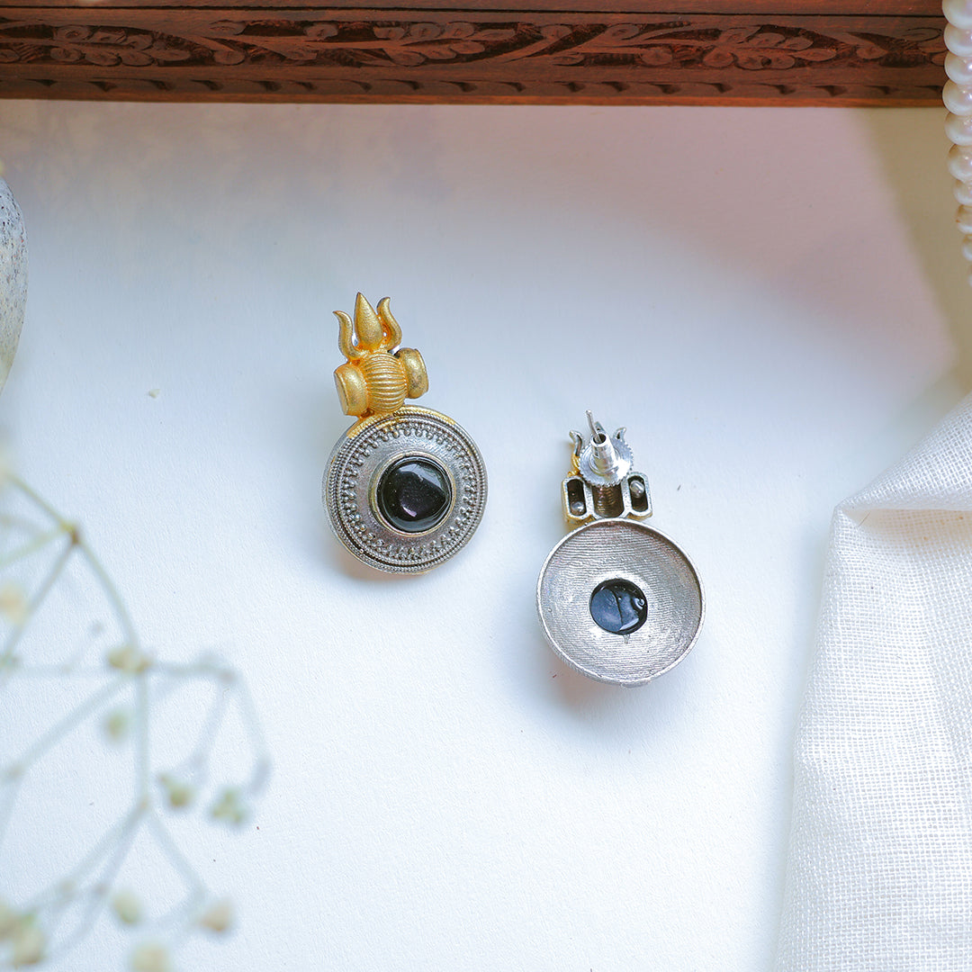 Handcrafted Temple-Inspired Black Stone Silver-Gold Plated Earrings