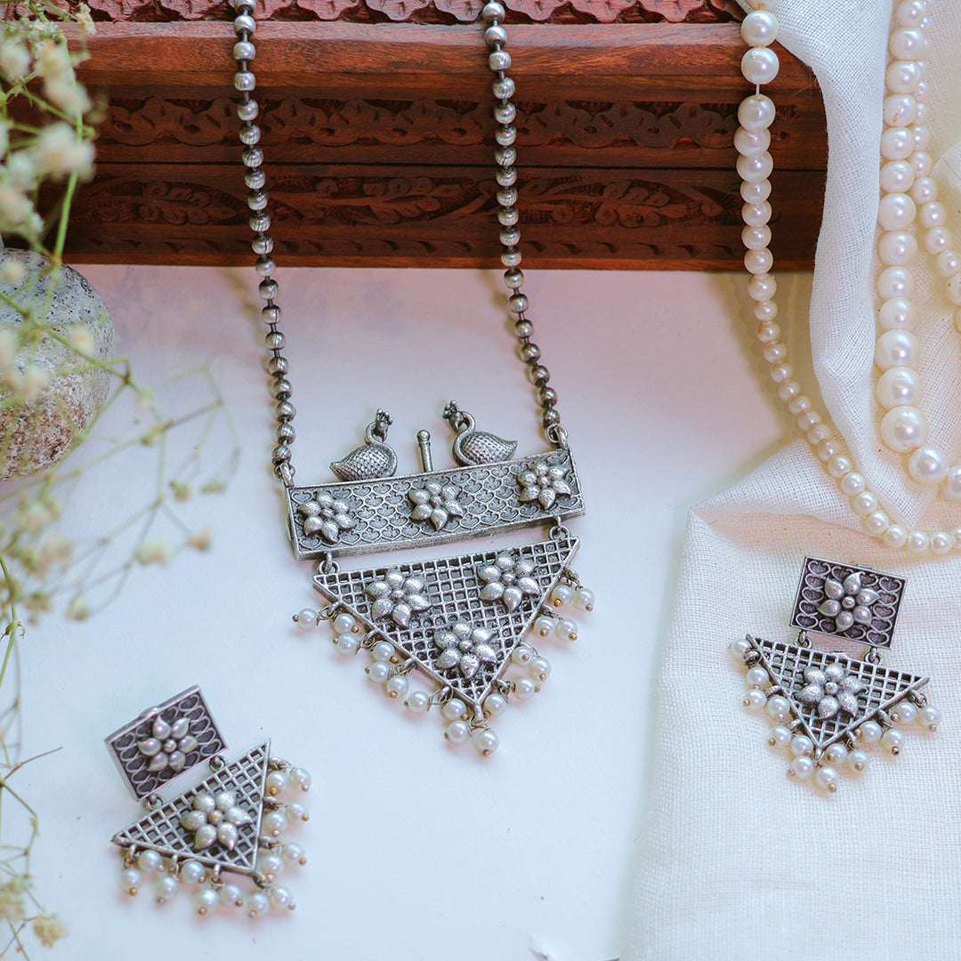 Oxidized Silver Peacock Necklace Set