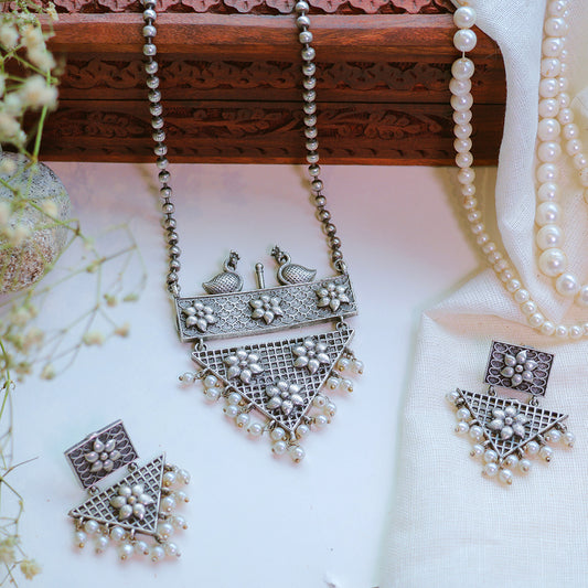 Oxidized Silver Peacock Necklace Set