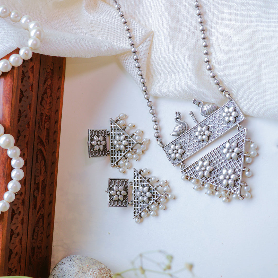 Oxidized Silver Peacock Necklace Set