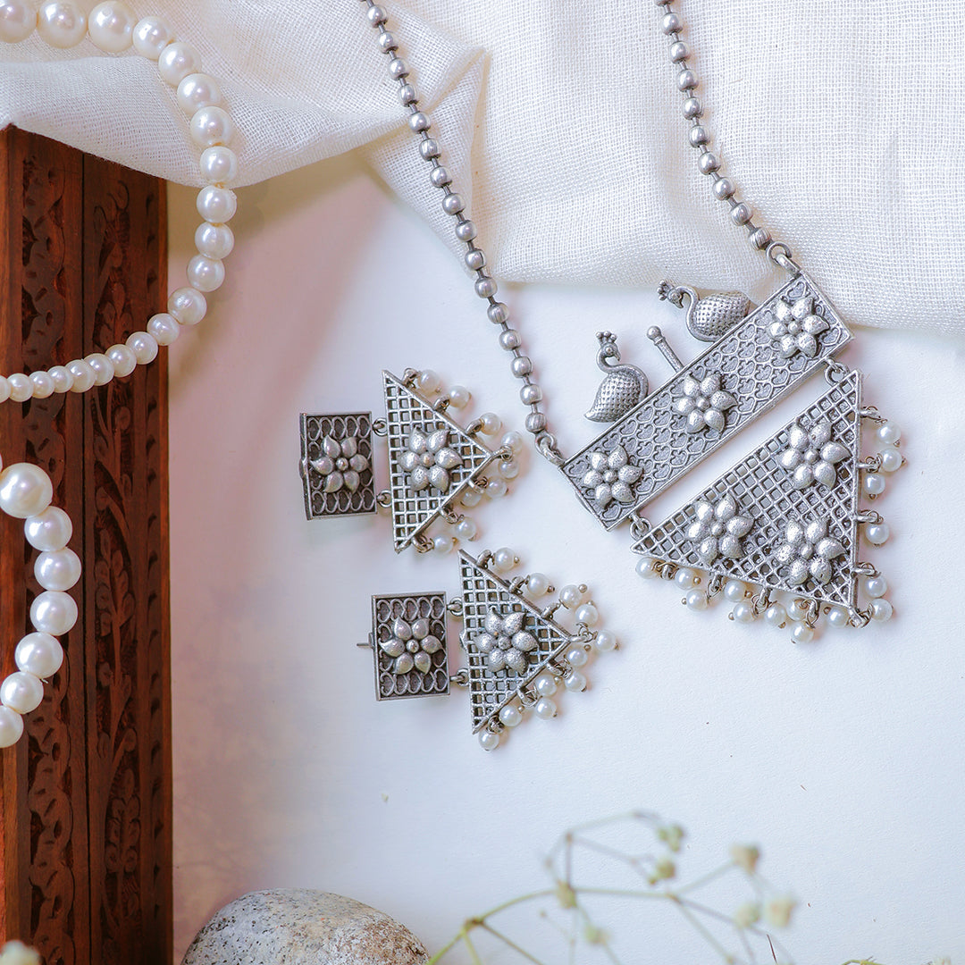 Oxidized Silver Peacock Necklace Set