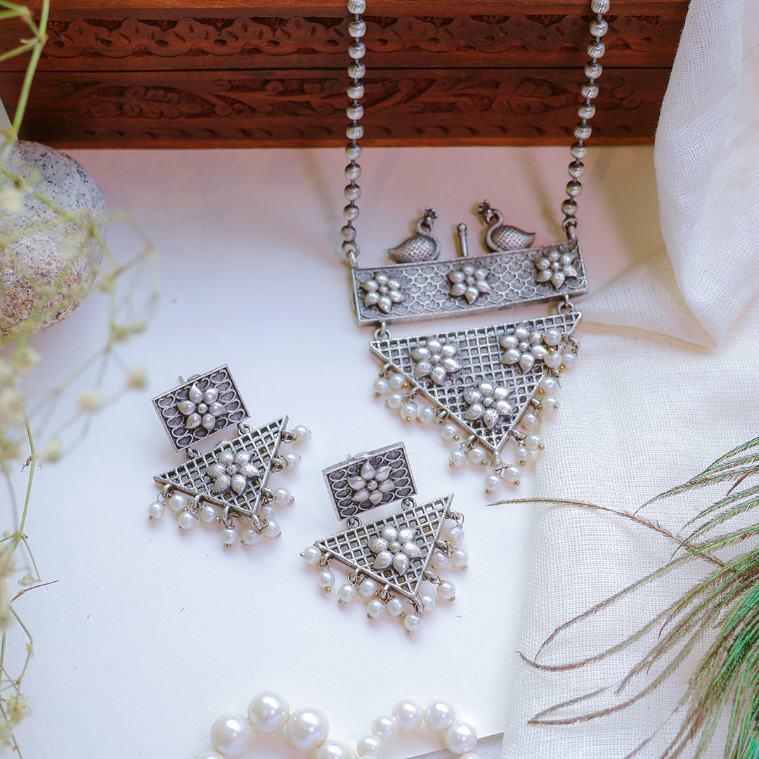 Oxidized Silver Peacock Necklace Set