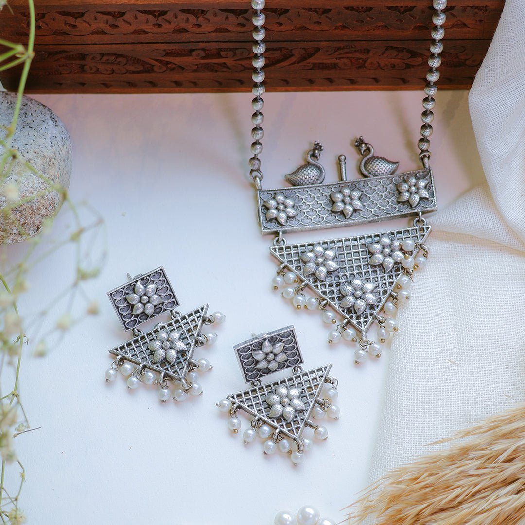 Oxidized Silver Peacock Necklace Set