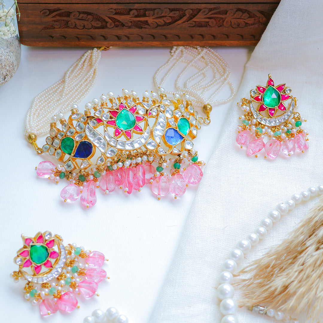 Multicolor Kundan Choker Necklace with Pink Beads – Bridal Pearl String Jewellery